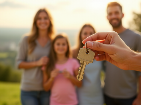 A happy family receives keys to their new home in Pennsylvania, highlighting the rewarding home buying process Pennsylvania.