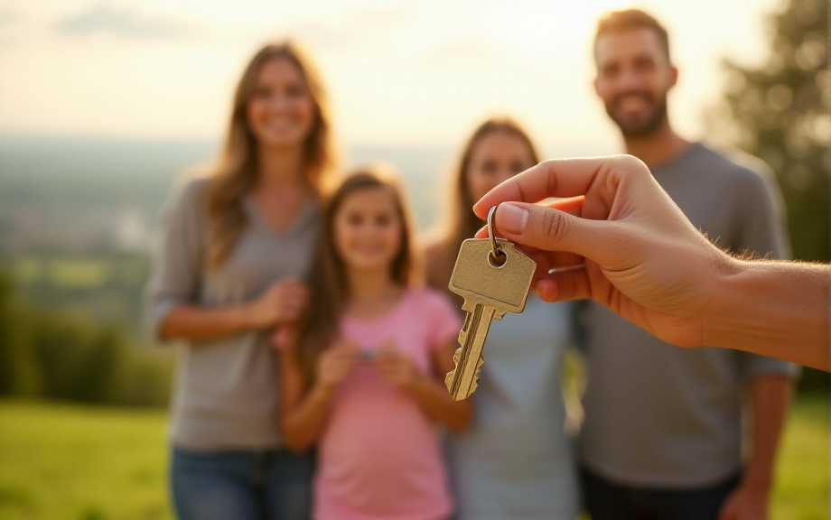 A happy family receives keys to their new home in Pennsylvania, highlighting the rewarding home buying process Pennsylvania.